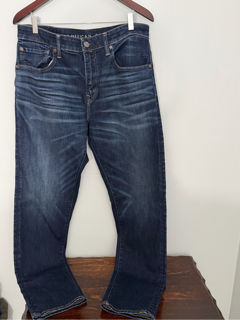 American Eagle Men's Athletic Fit Straight Jeans in Dark Blue Wash, 34 x 32